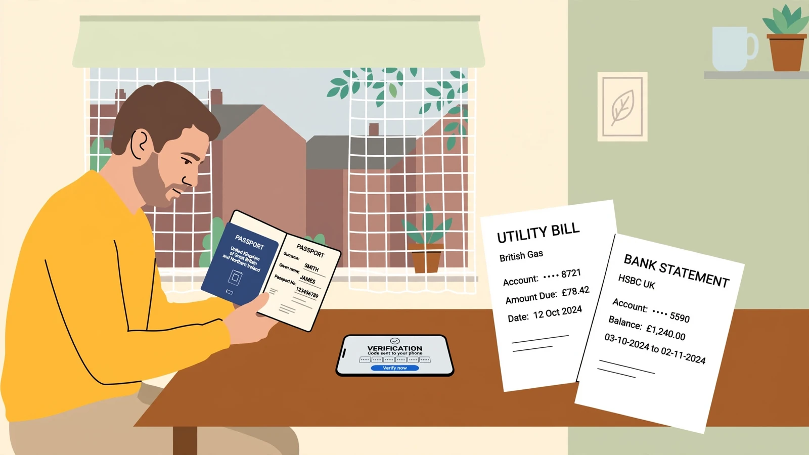 Person at kitchen table verifying identity with passport and phone.