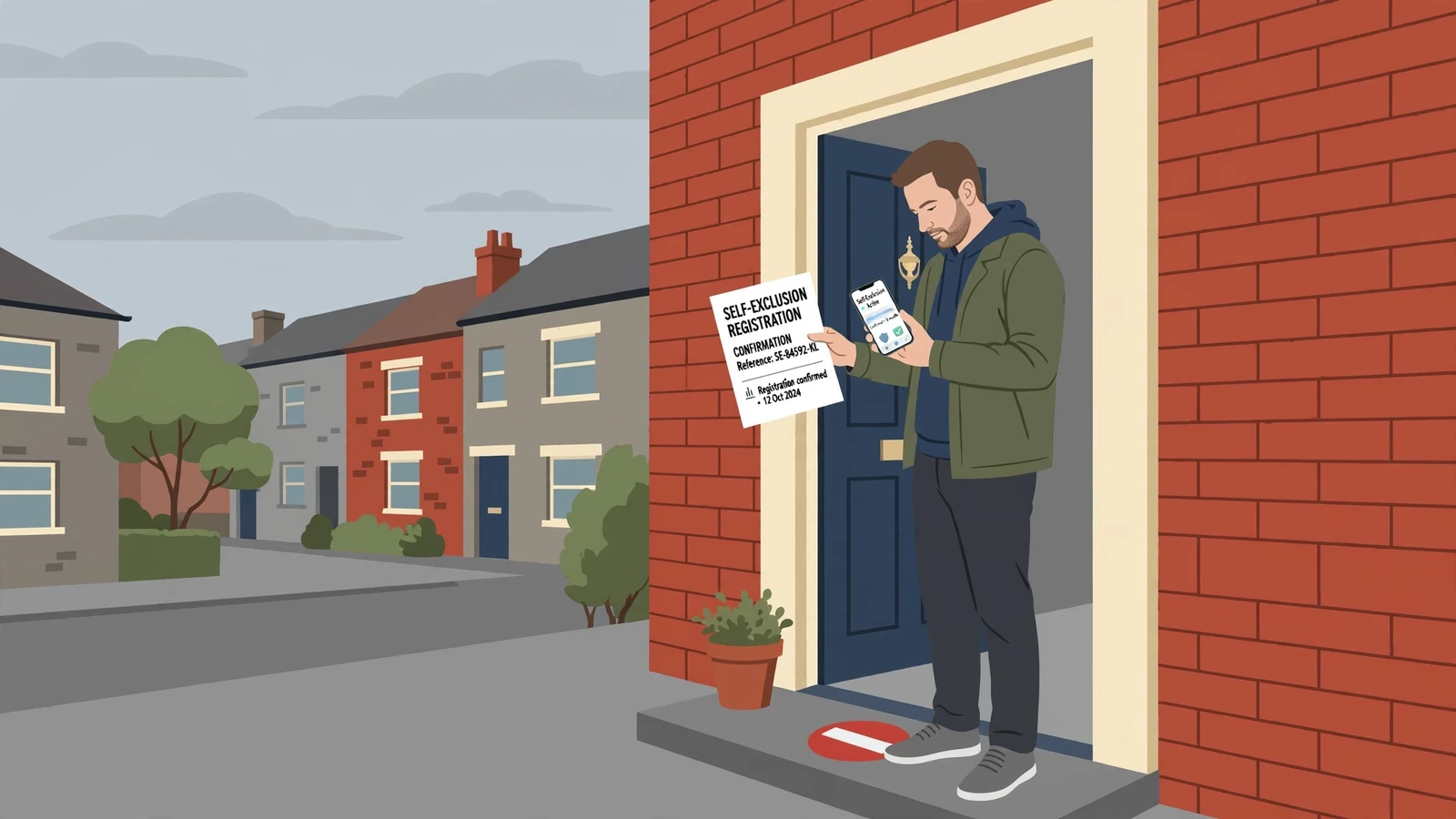 Person on a doorstep holding a self-exclusion form and a smartphone.